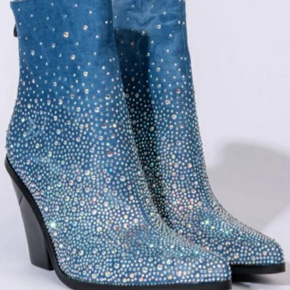 NIB Denim Rhinestone Boots - Picture 3 of 6